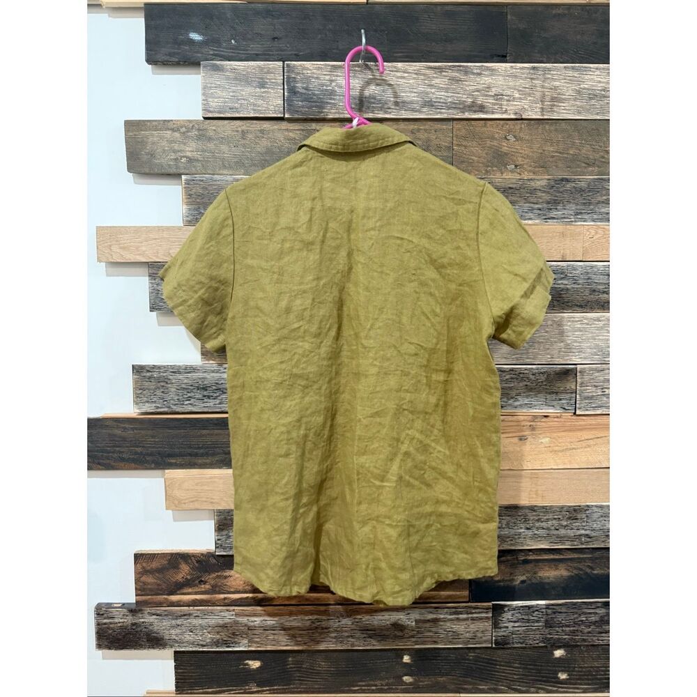 NotPerfectLinen olive green linen button front shirt blouse top size M - Picture 2 of 5